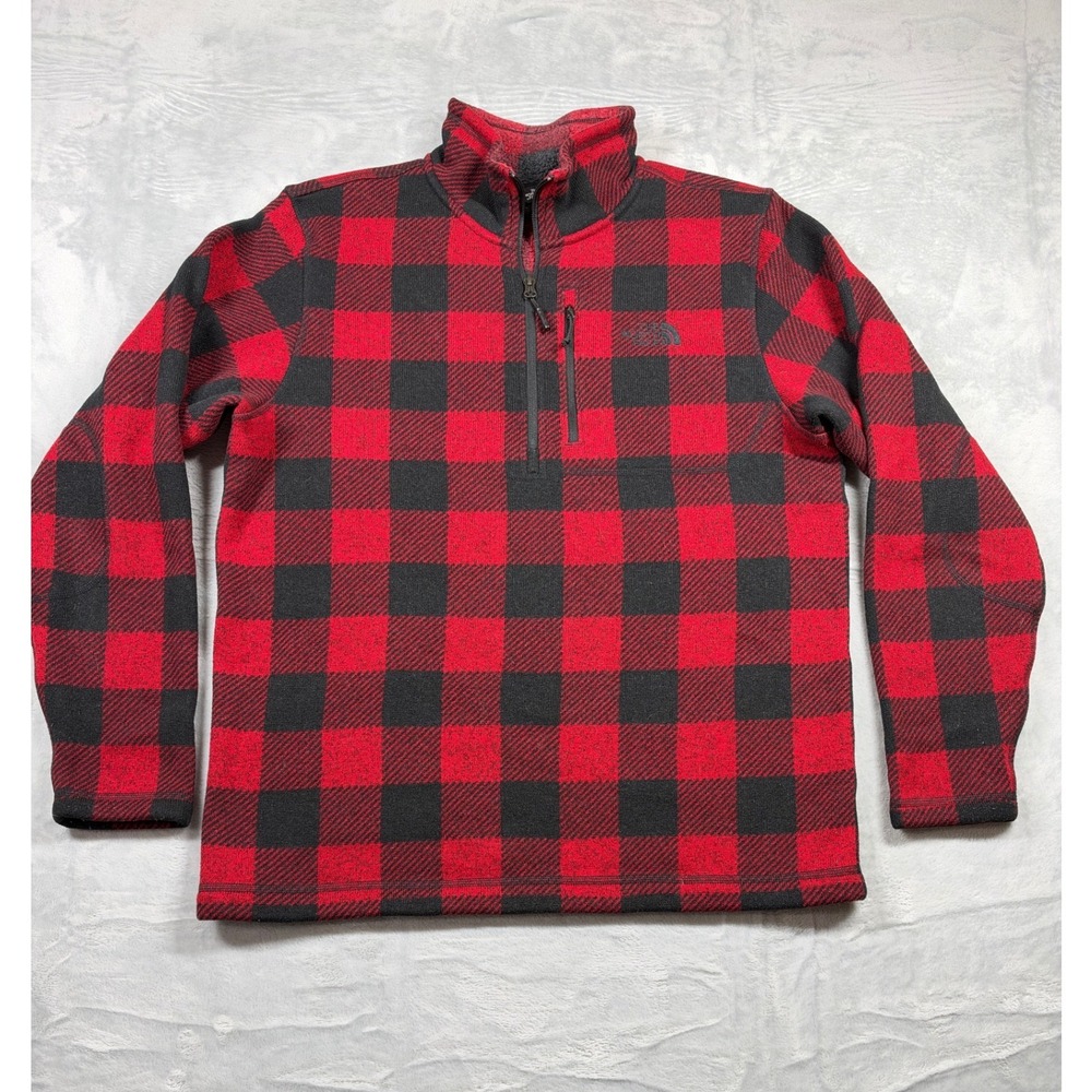 The North Face Men L Buffalo Plaid Fleece 1/4 Zip Pullover Red Black NF0A2TBL